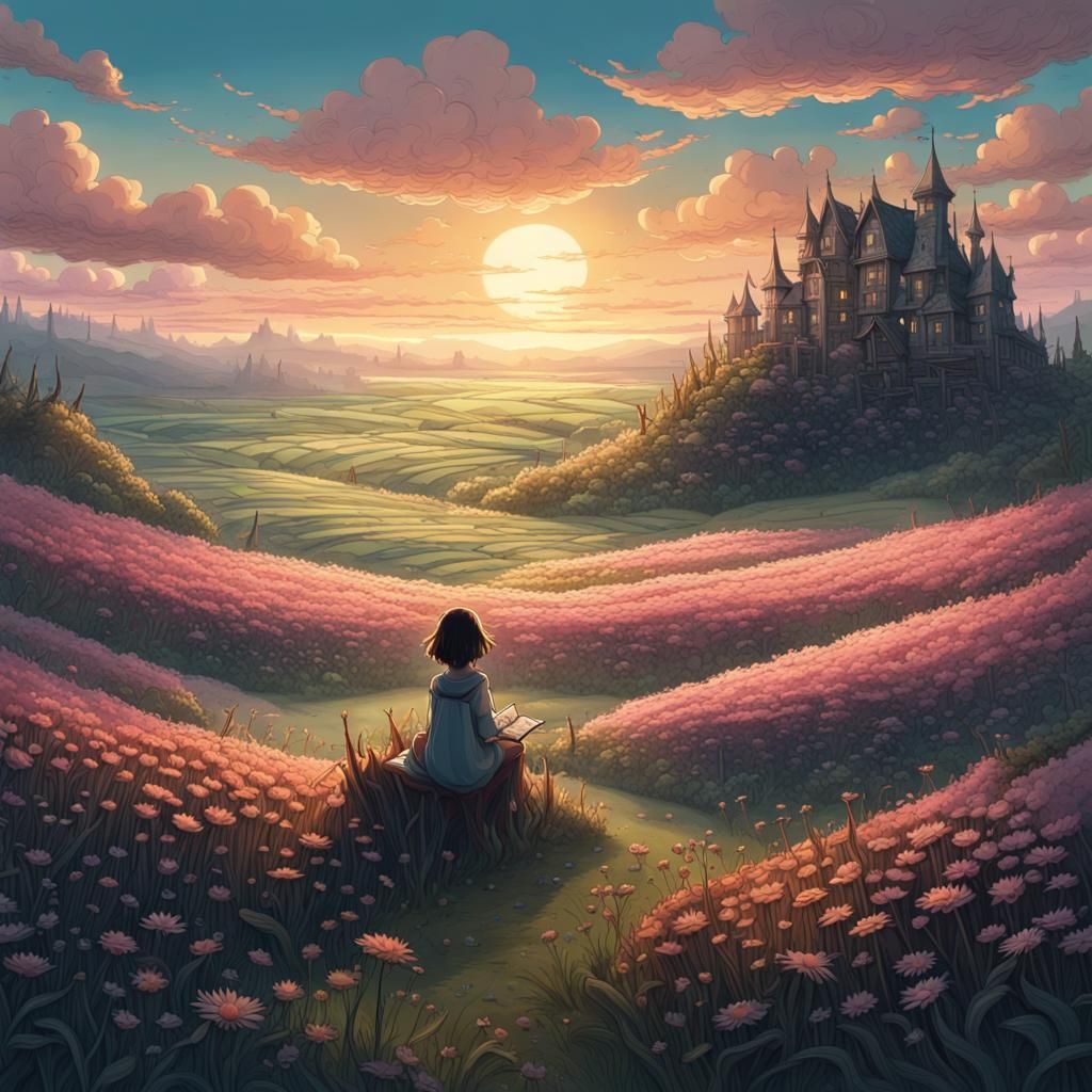 Fantasy Flower Field Sunrise in Ghibli Style