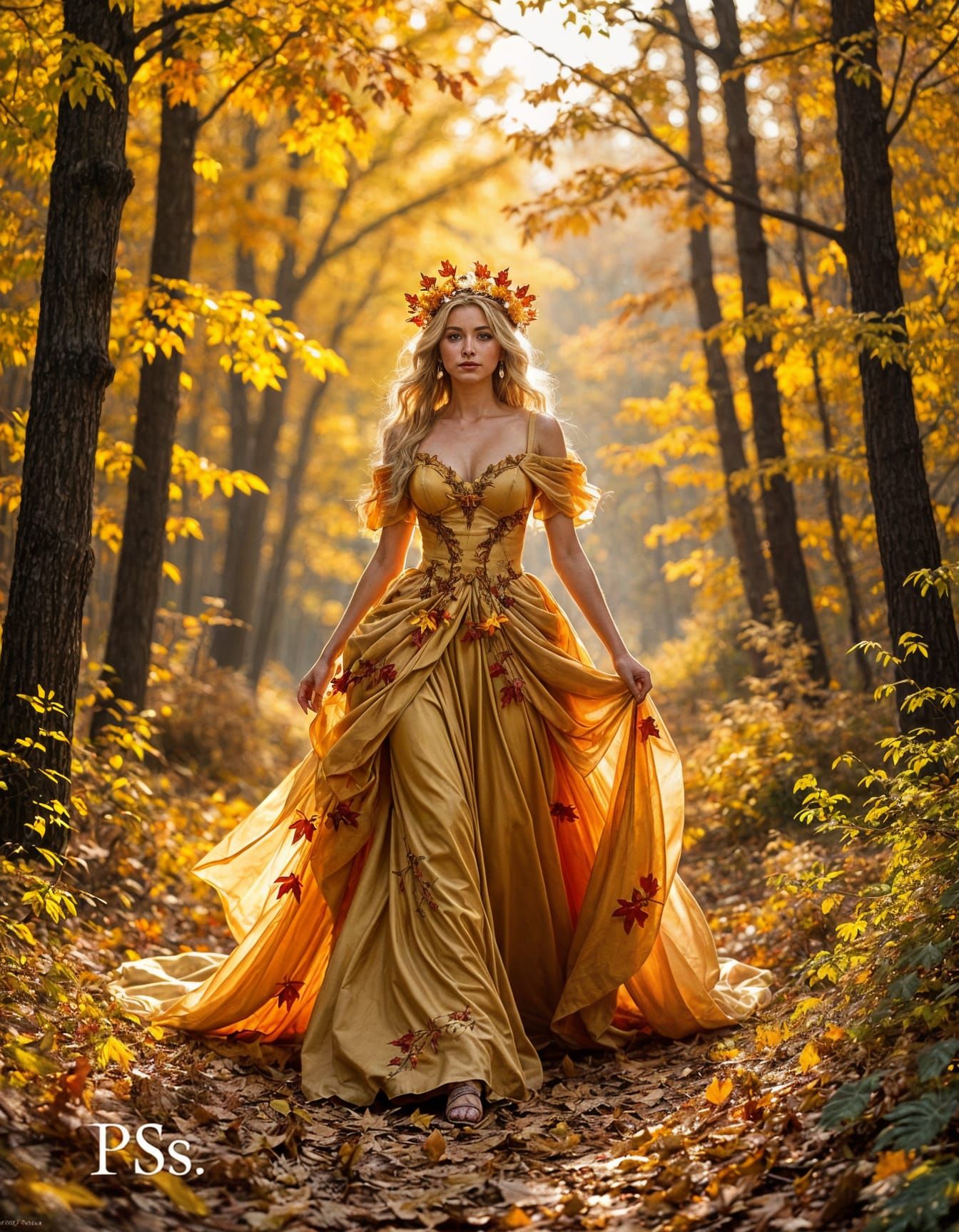 Ethereal Fall Goddess in Luminous Autumn Forest