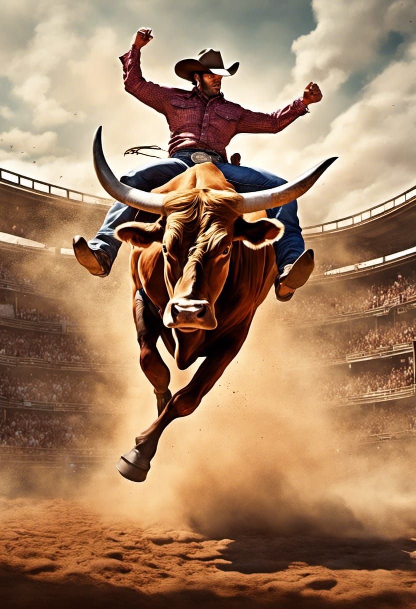 Cowboy Bull Rider in Action: Hyperrealistic Splash Art