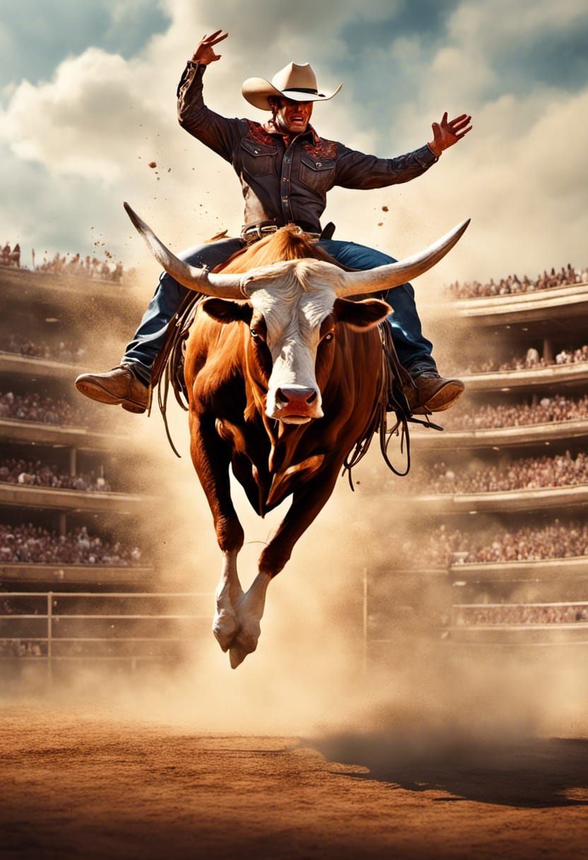 Cowboy Rides Bucking Bull: Hyperrealistic Rodeo Art