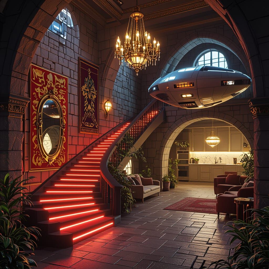 Surreal Interior: Medieval Hallway Meets Future