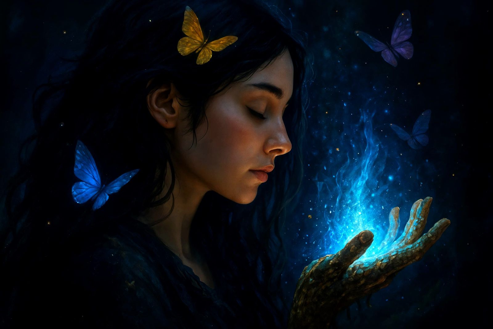 Ethereal Woman with Magical Hand and Butterflies
