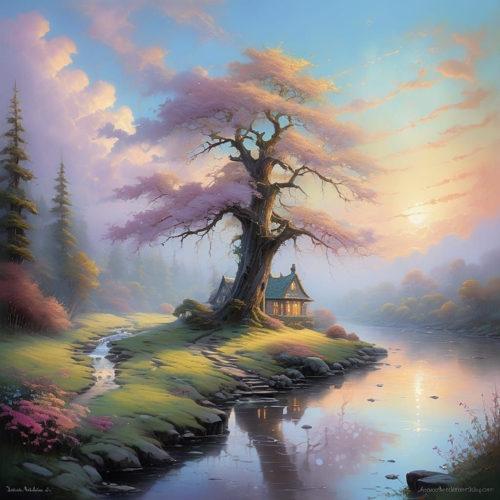 Woman by Stream in Ethereal Sunset Light