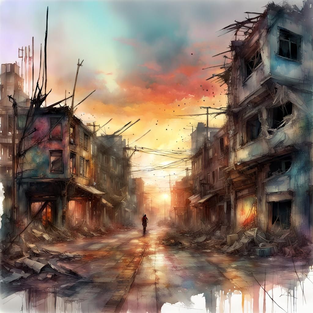 Post-Apocalyptic Town Sunset in Watercolor Style