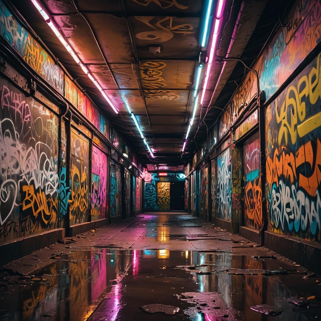 Urban Graffiti Tunnel with Neon Lights
