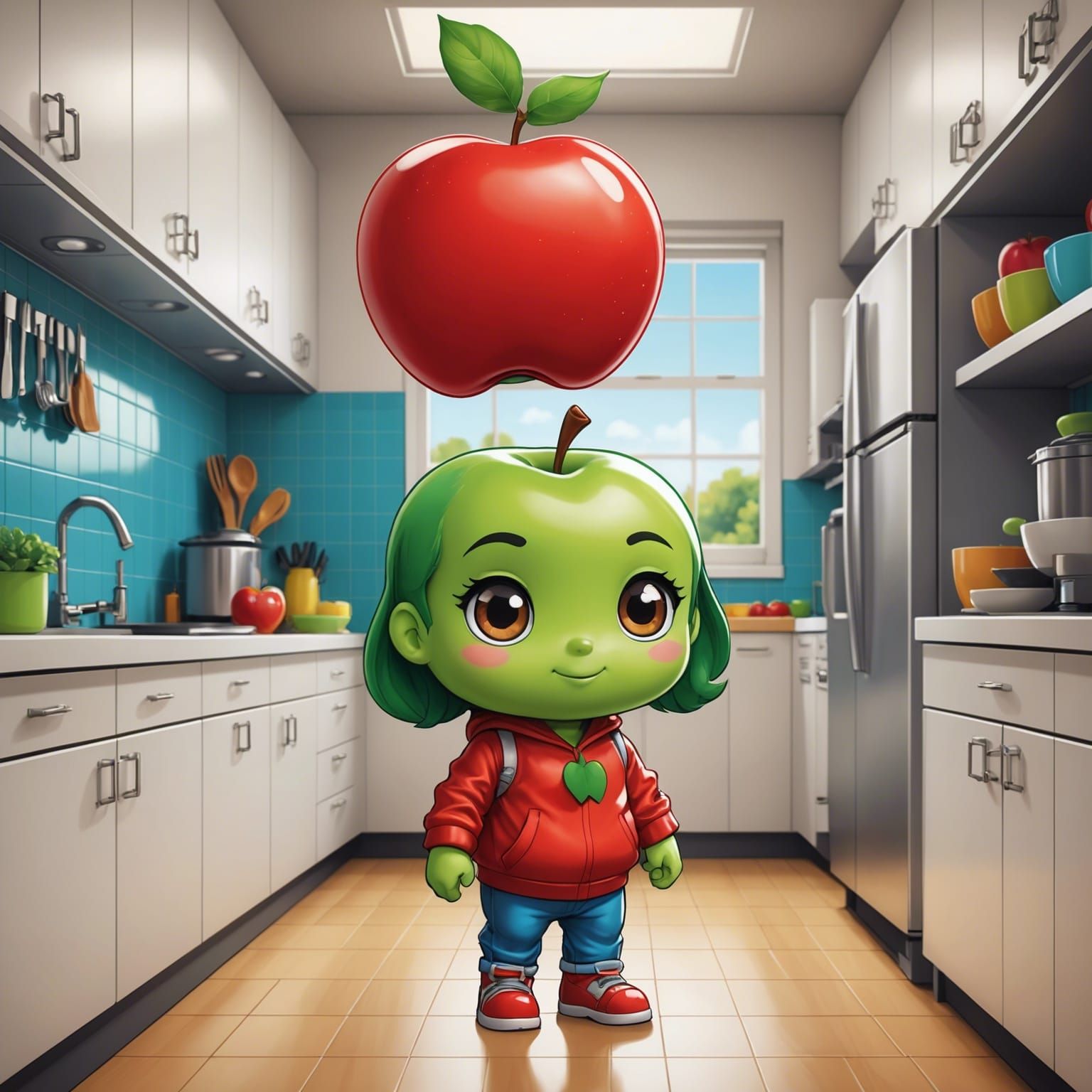 Chibi Apple Walks Through Kitchen: Comic Book Art