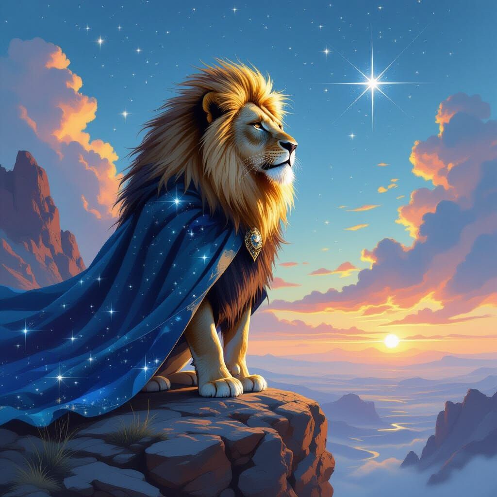 Celestial Lion Overlooking Mystical Landscape