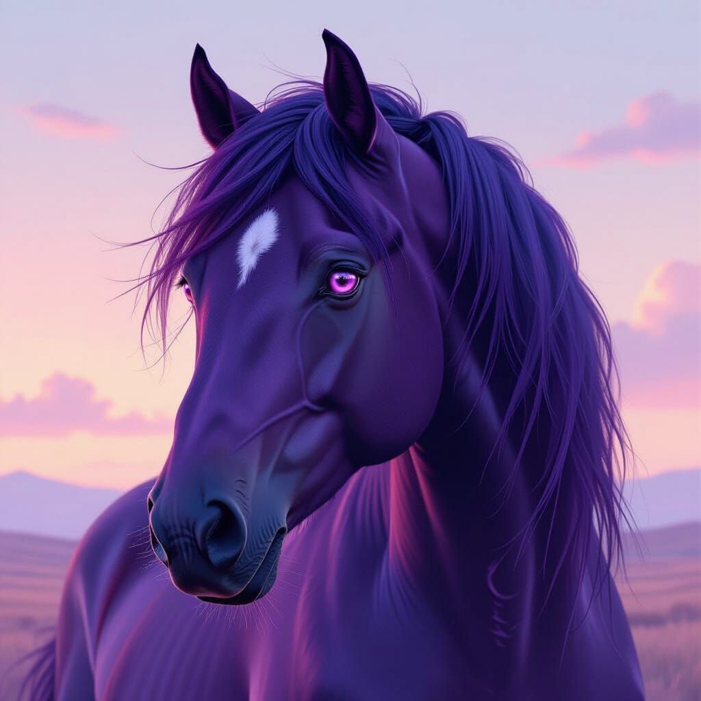 Majestic Violet Horse in Dreamy Landscape Art