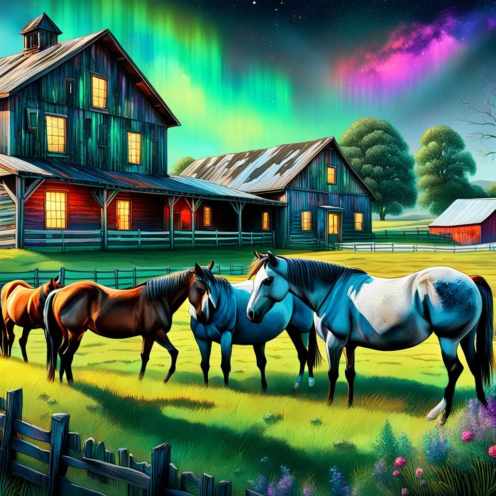 Horses Grazing in Astral Light, Mixed Media Illustration