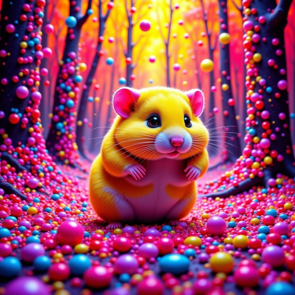 Holographic Hamster Rave in Pixelated Neon Forest
