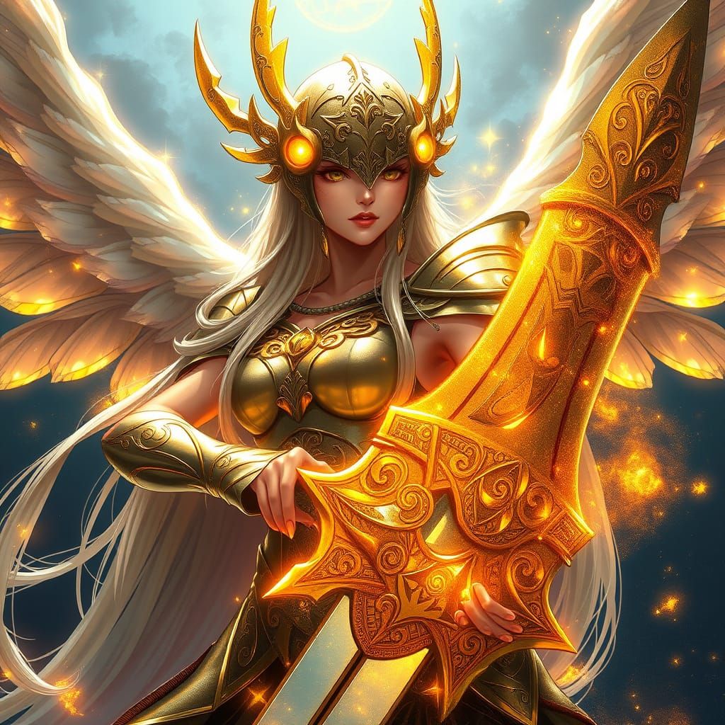 Golden Valkyrie with Celtic Broad Sword in Ethereal Light