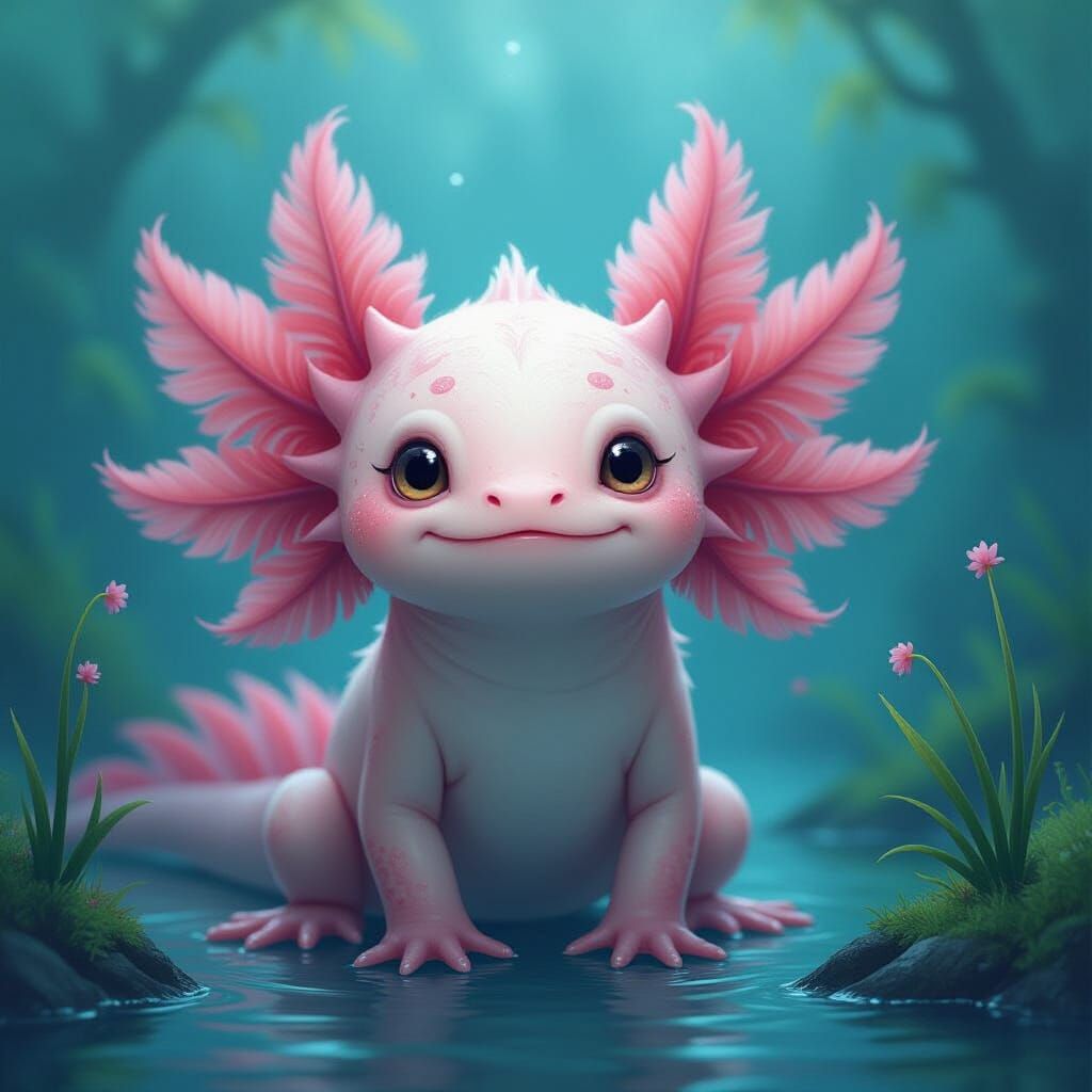 Mystical Feline-Axolotl Hybrid in Dreamlike Setting