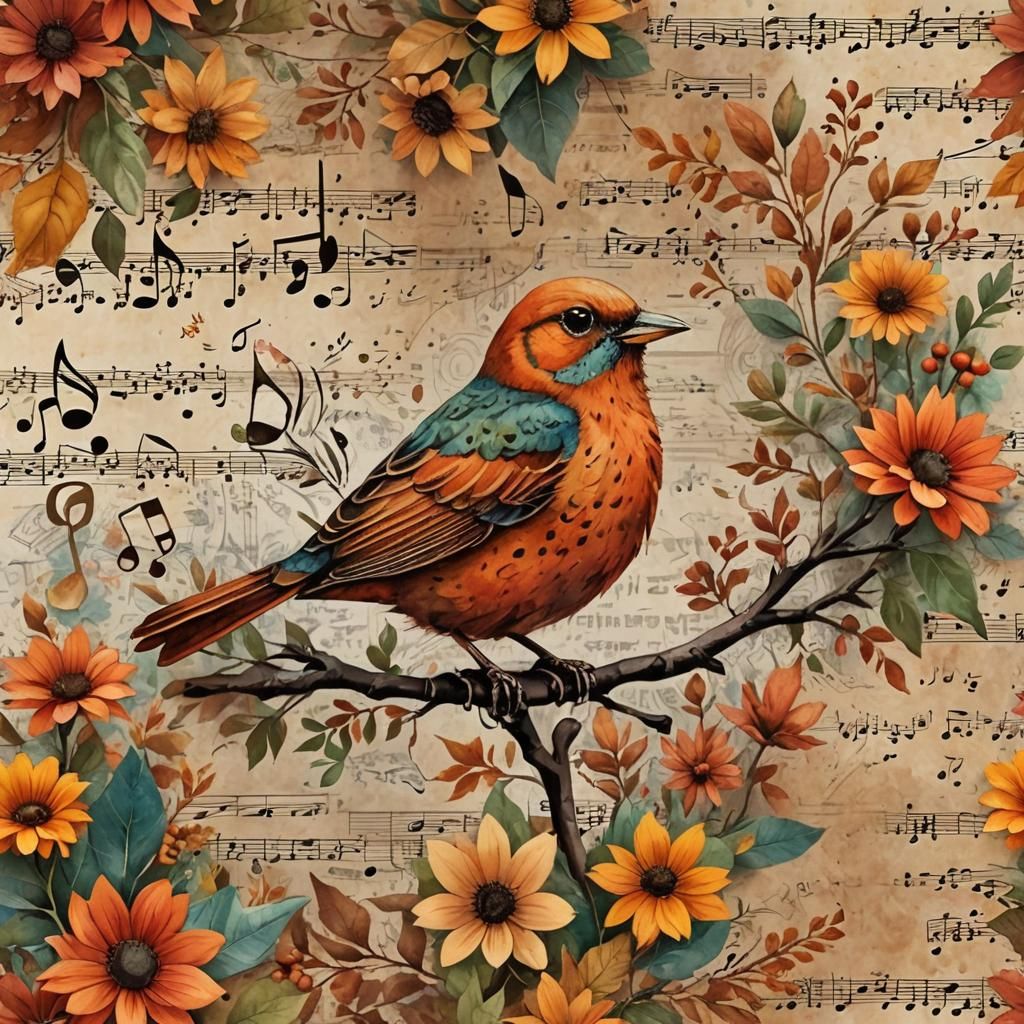 Thanksgiving Collage with Bird, Flowers, and Music