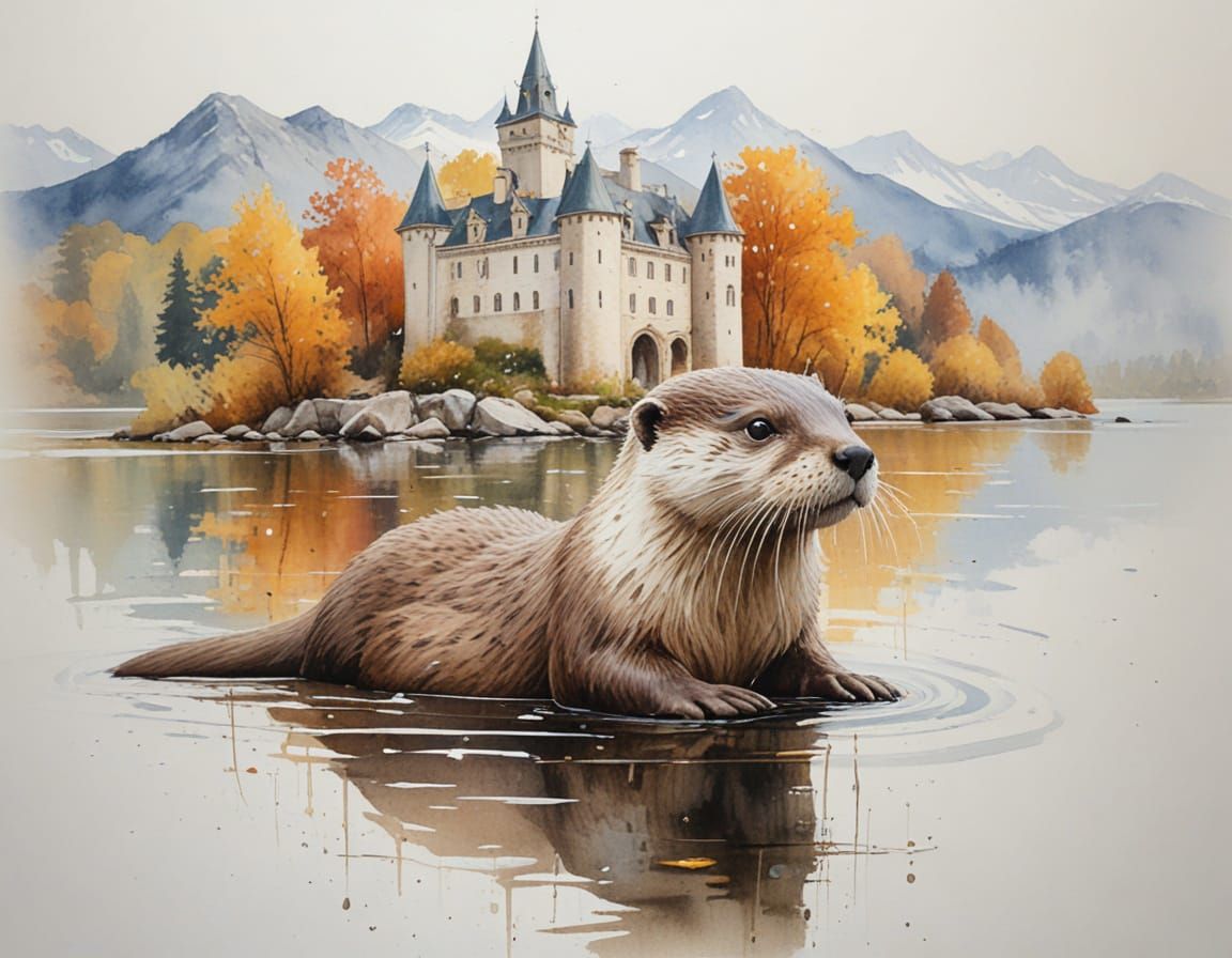Otter Gazes at Majestic Castle by Serene Lake