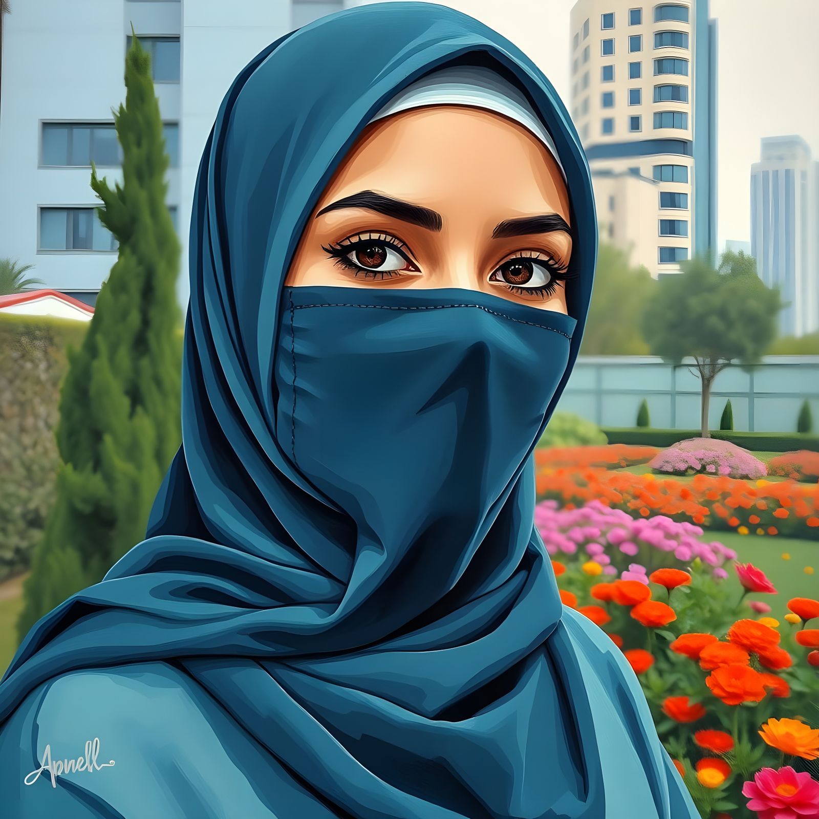 Minimalist Painting of a Niqabi Woman in Modest Style