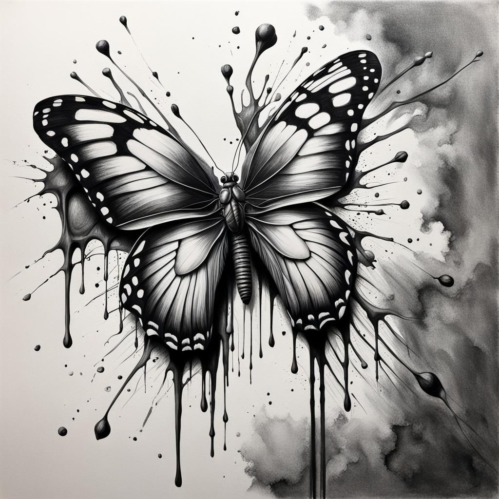 Hyperdetailed Charcoal Butterfly with Paint Drip Effect