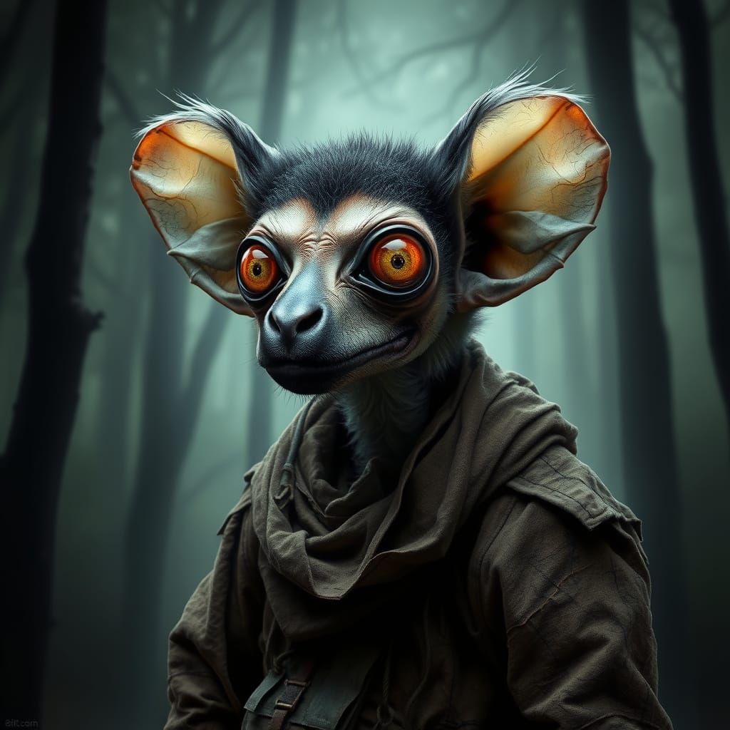 Distorted Lemur in Dark Forest: Hyperrealistic Surreal Art