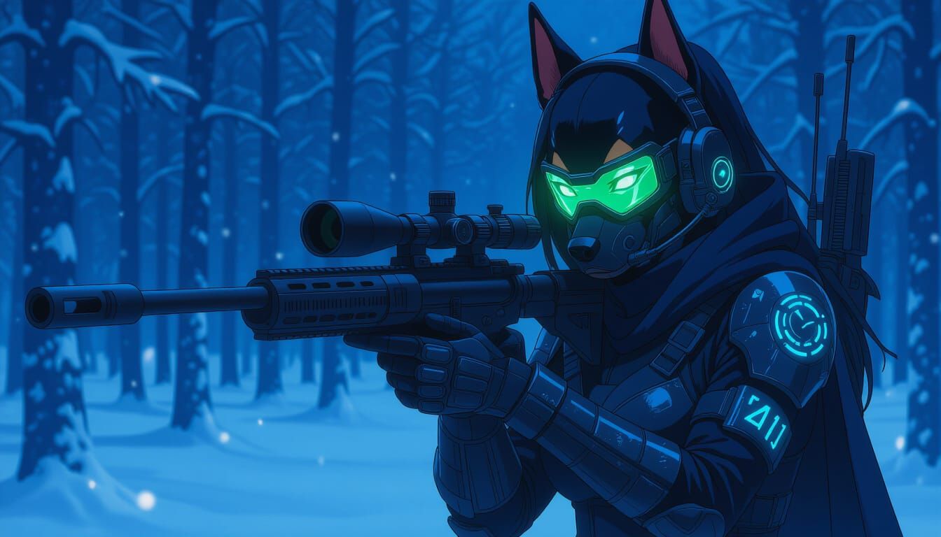 Cyber Doberman Sniper in Snow Forest