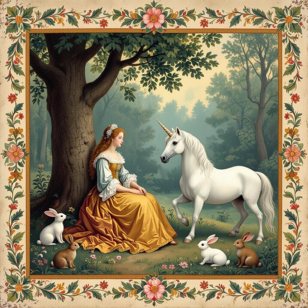 Woman with Unicorn in Medieval Tapestry Style