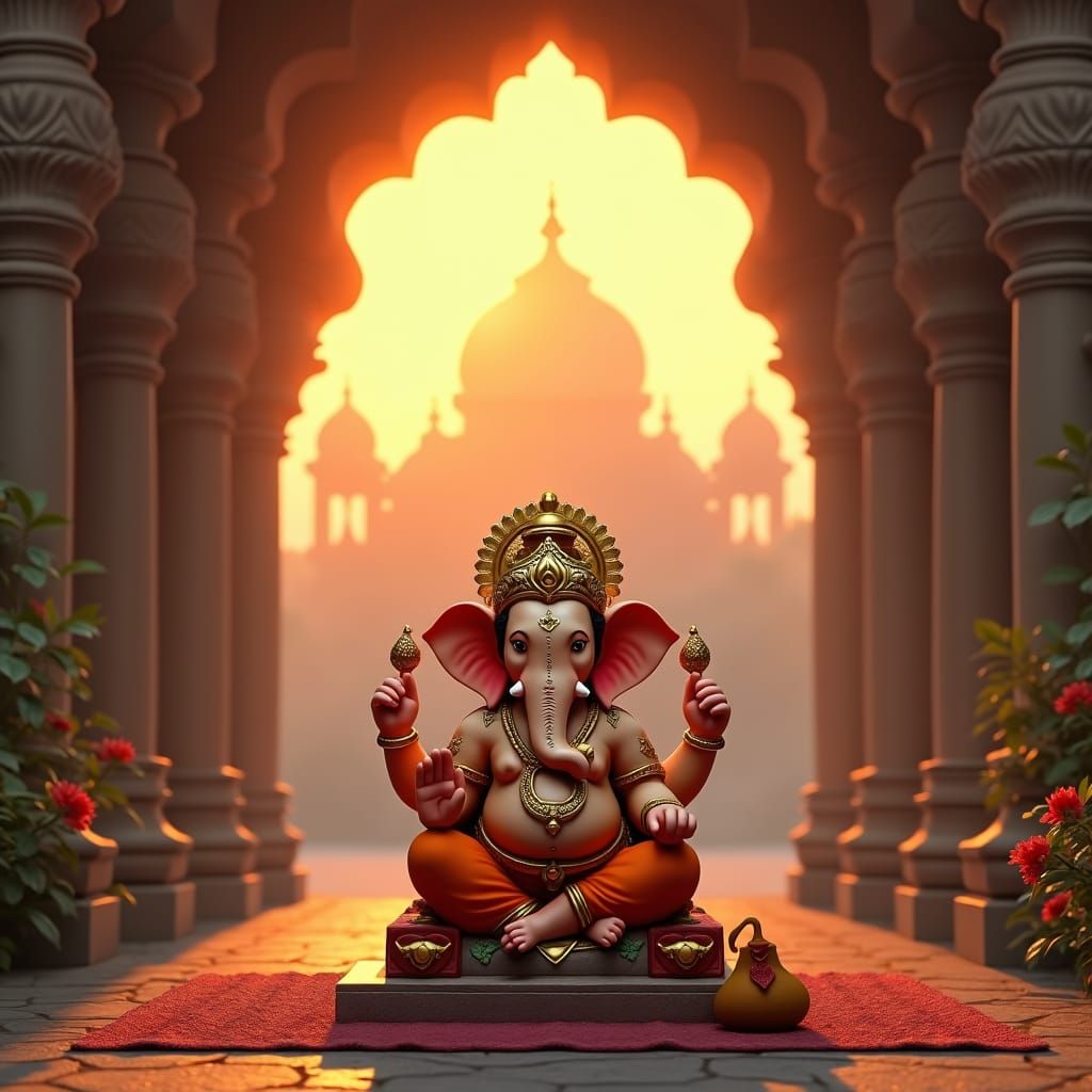 Ganesha Idol at Sunrise: Fantasy Concept Art