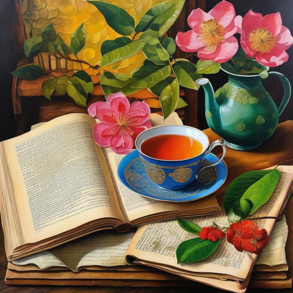 Delightful Cup of Tea on Book: Vintage Oil Painting
