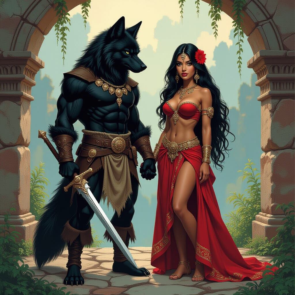 Anthropomorphic Wolf Rescues Princess in Mythic Landscape
