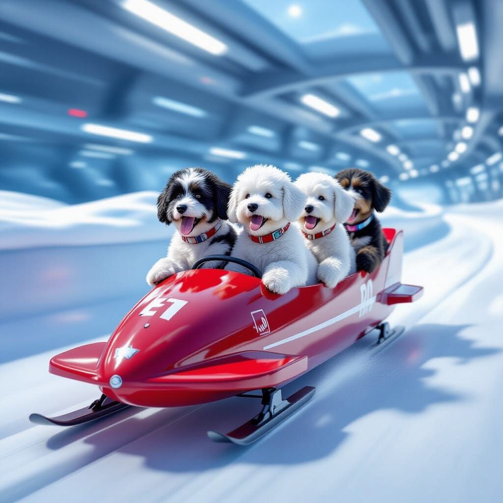 Four French Water Dogs Race in Bobsled as Matte Painting