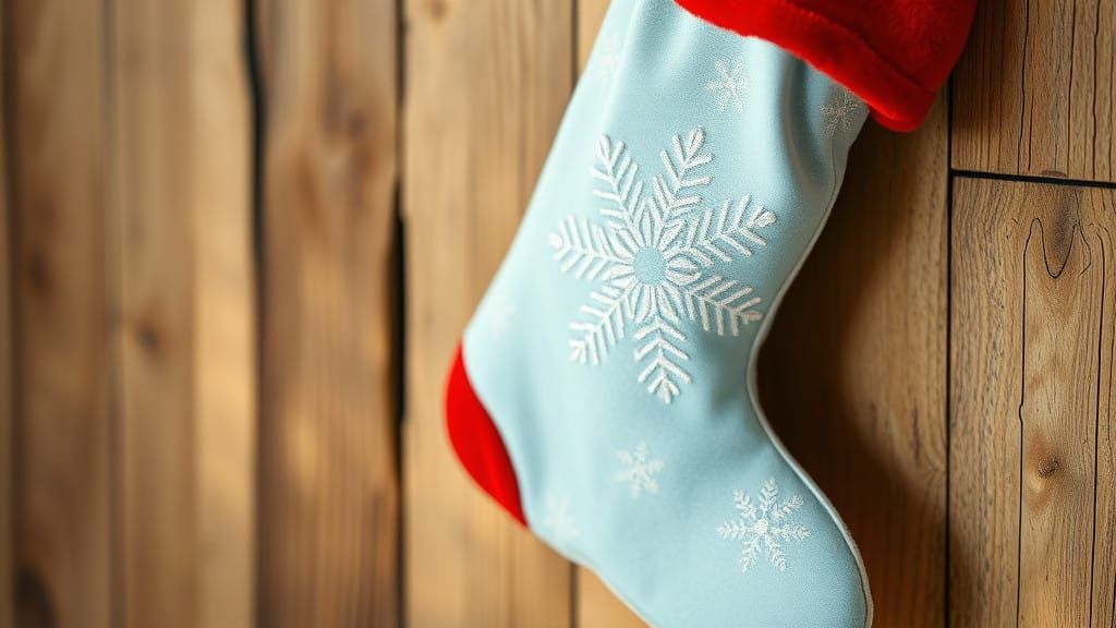Glowing Blue Snowflake Stocking Hangs Serenely on Rustic Woo...