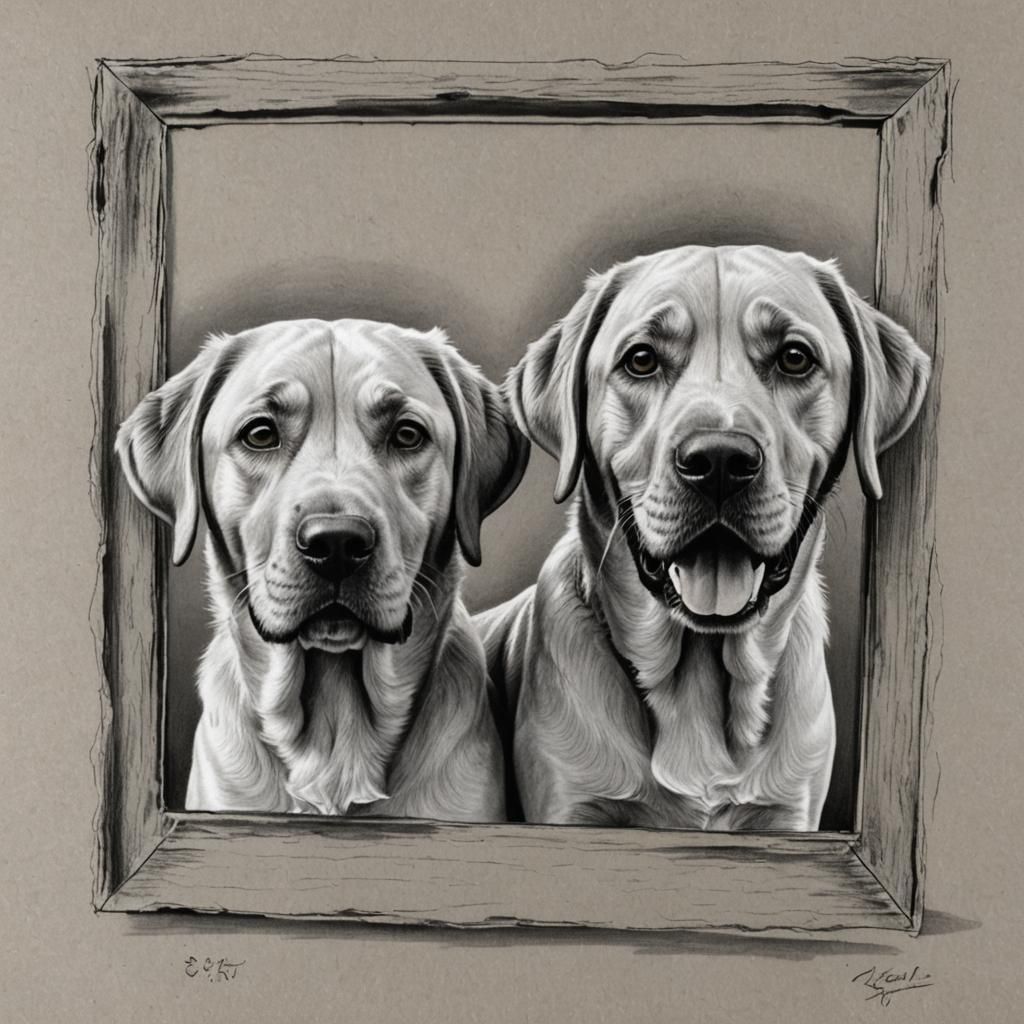 Hyperrealistic Pencil Sketch of Two Panting Labradors