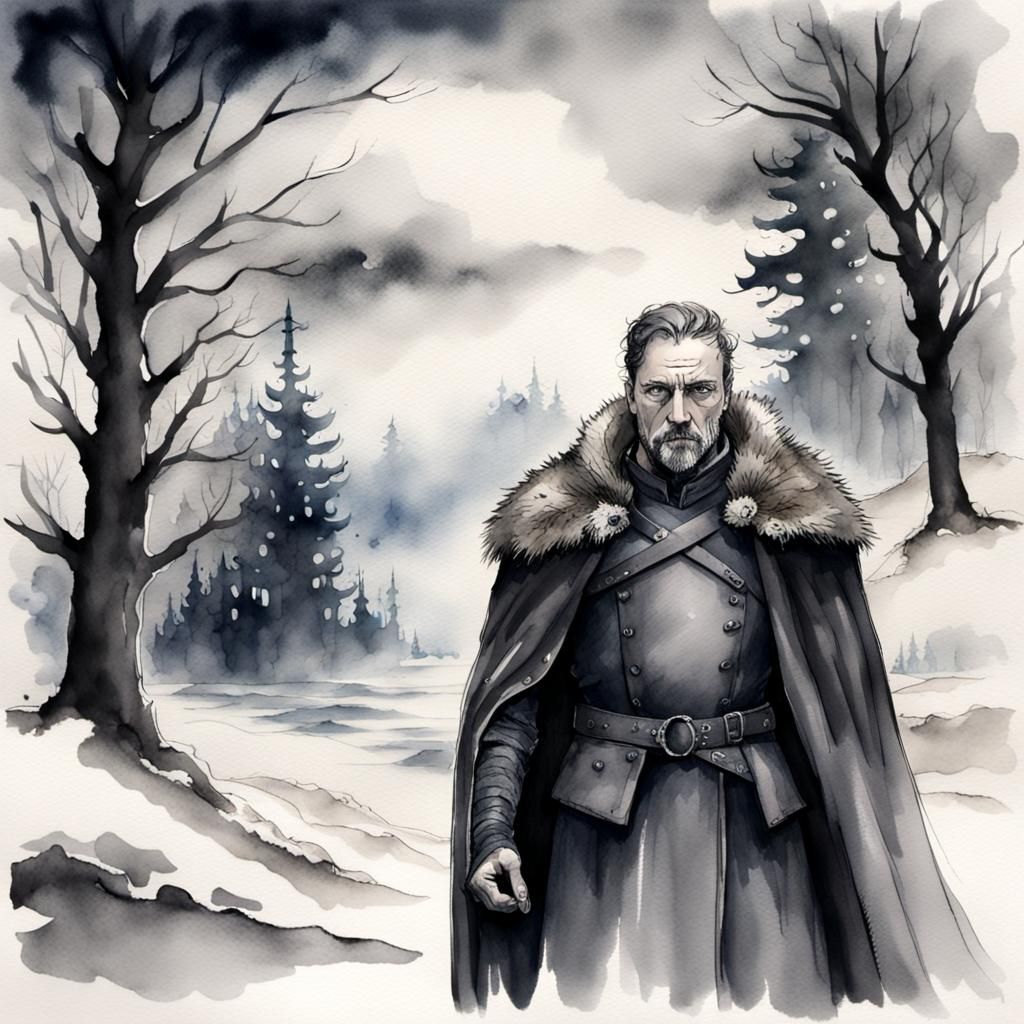 An Ominous Winter Scene in Ink Wash Watercolor Style