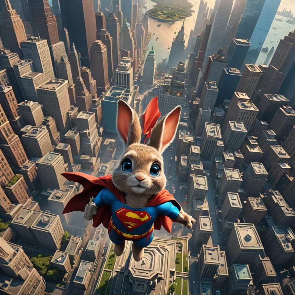 Baby Rabbit as Superman Over Liberty Statue