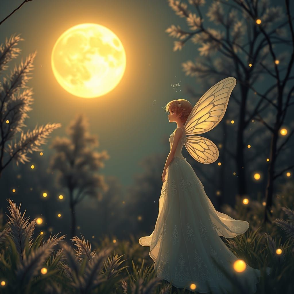 Whimsical Nighttime Fairy Landscape in Dreamy Anime Style