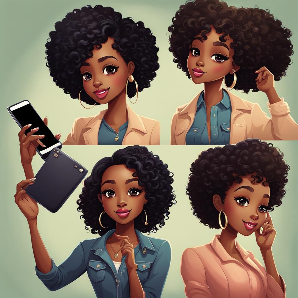 Curly Haired Woman Using Cellphone, Detailed Portrait