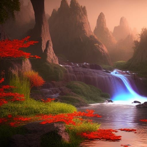 Fantastical Waterfall in Detailed Matte Painting