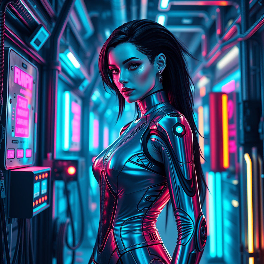 Android Woman at Charging Station in Cyberpunk Style