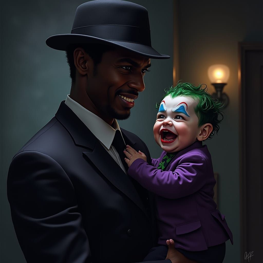 Charismatic Black Gangster with Joker Baby in Film Noir Styl...