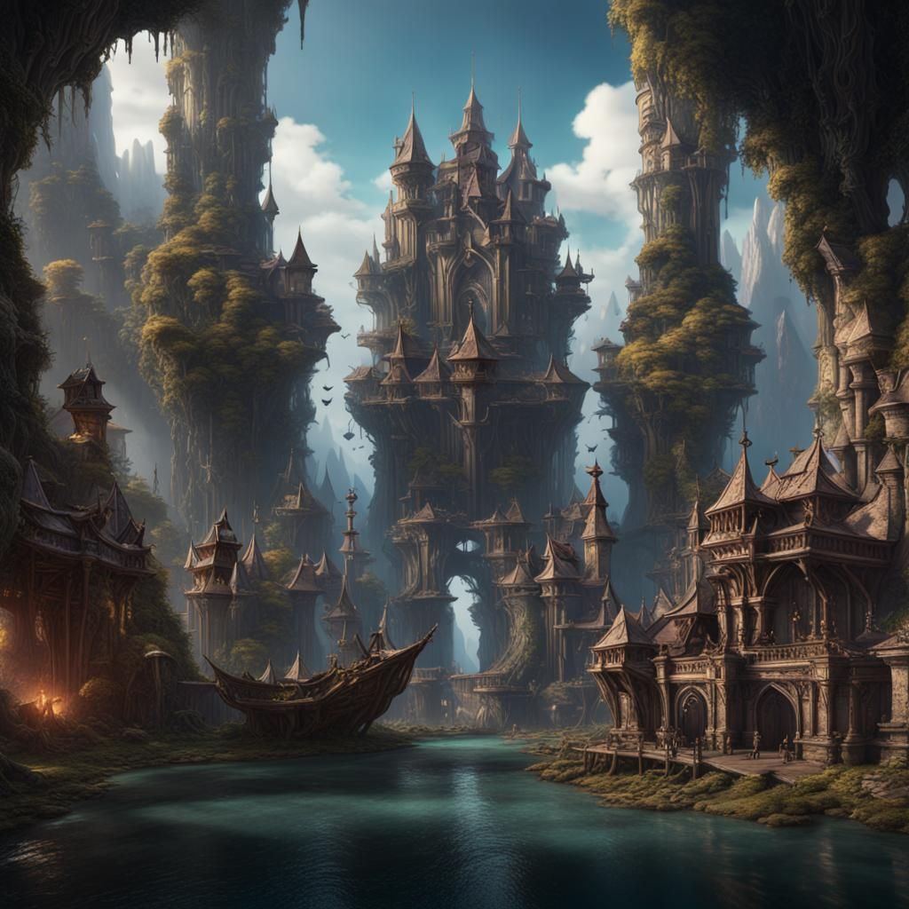 Fantastical Secret Village with Intricate Details