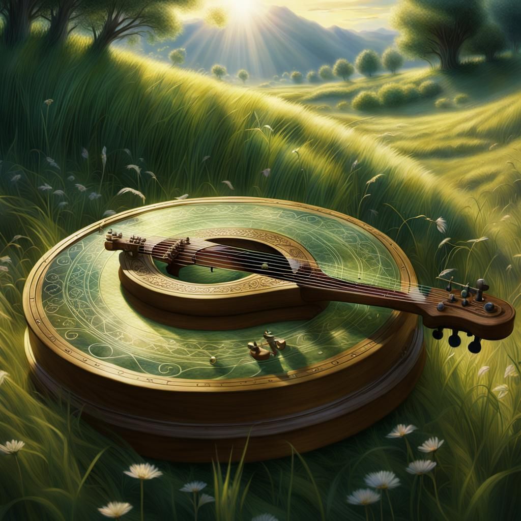 Glowing Zither in Meadow: Digital Matte Painting