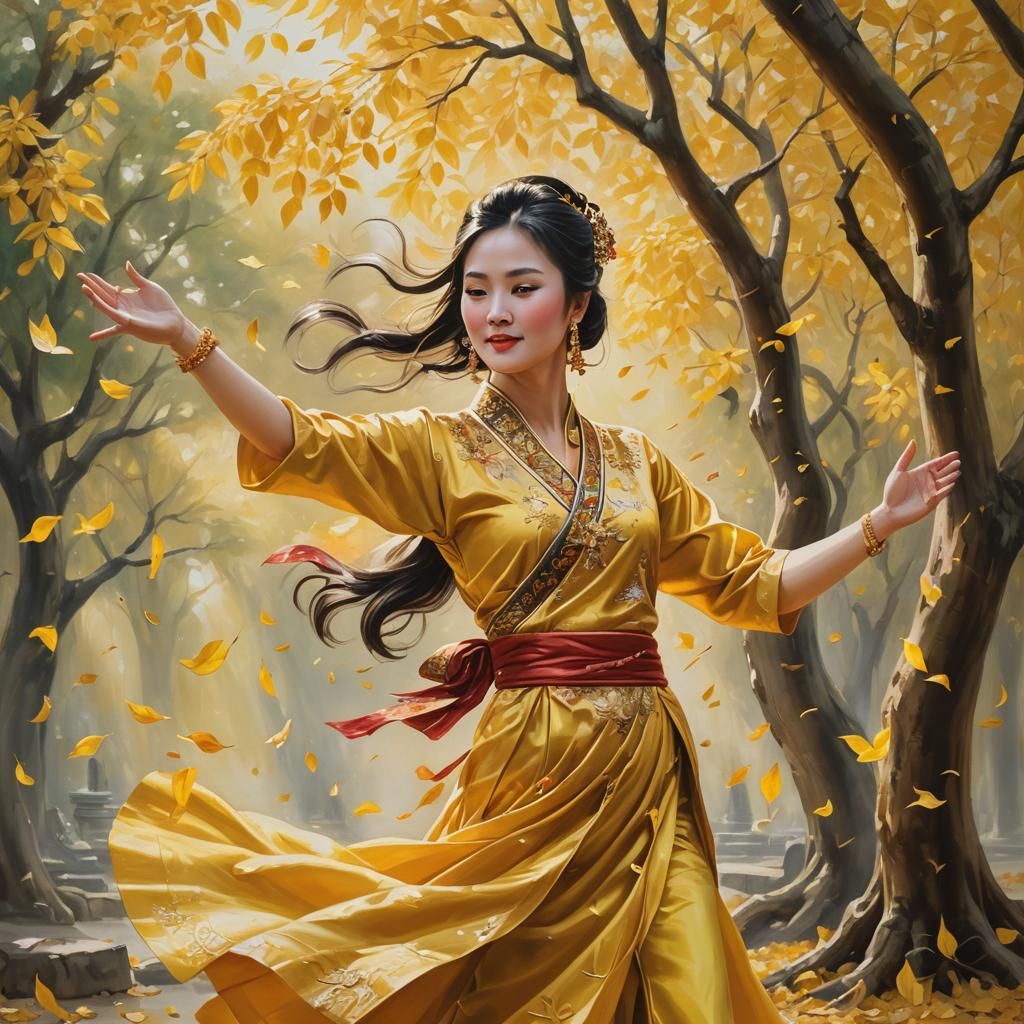 Golden Dancer in Falling Leaves: Digital Oil Painting