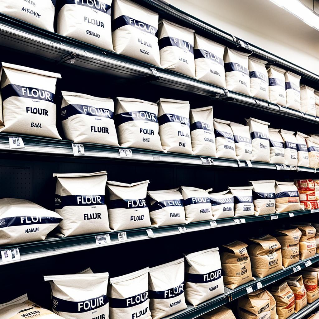 Supermarket Shelves Overflowing with Flour Bags