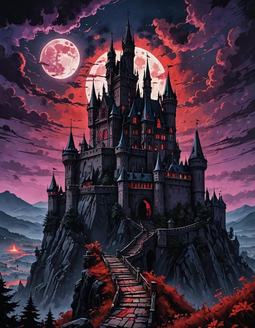 Bloody Sky Over Dracula's Castle: Watercolor Horror