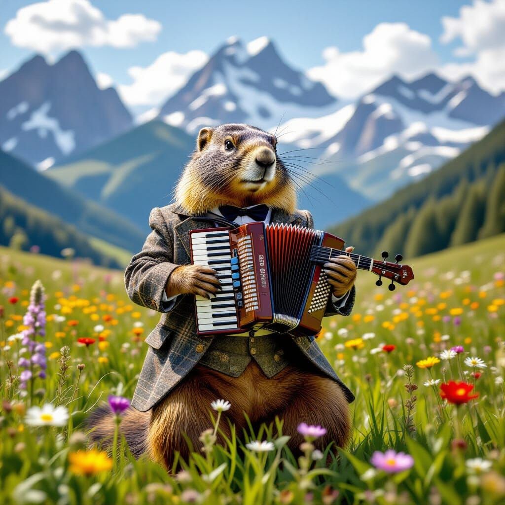Marmot Accordionist in Alpine Meadow, Hyperrealistic Style