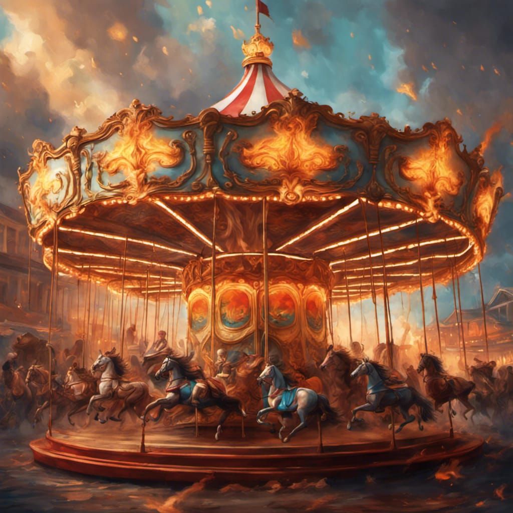 Burning Seaside Carousel: Hyperrealistic Splash Art