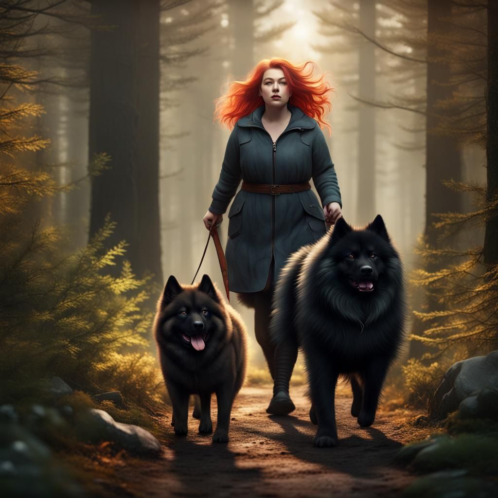 Girl with Dog Walking in Forest: Detailed Matte Painting