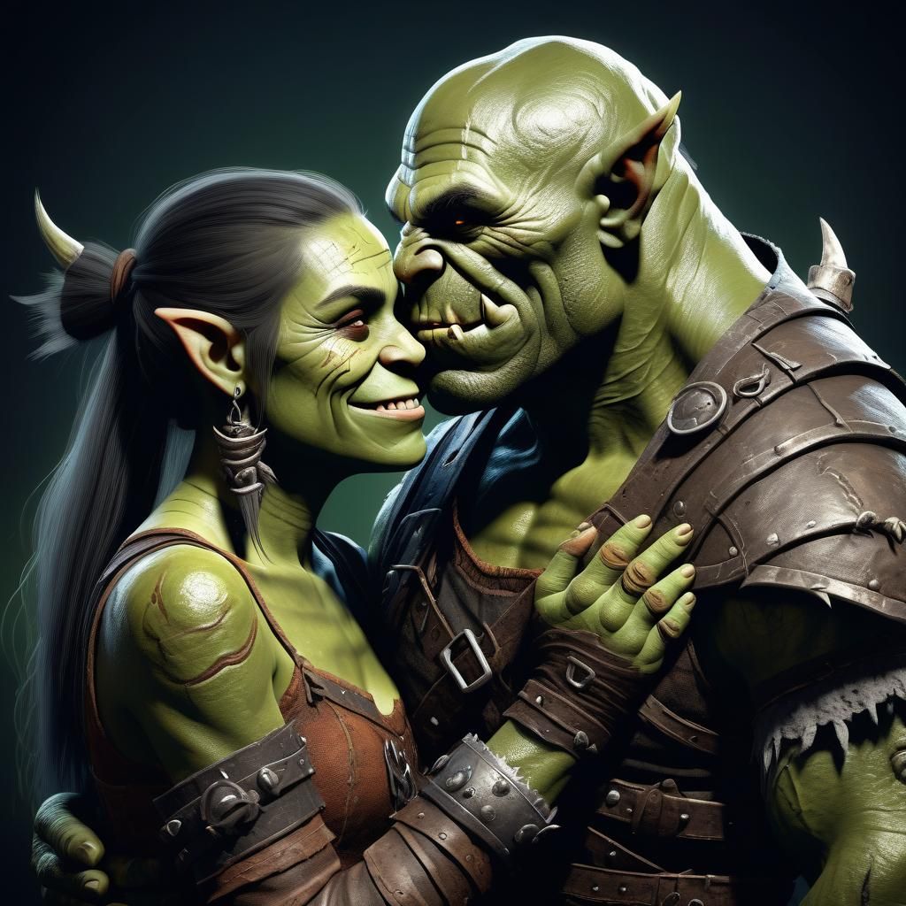 a happy Orc couple hugging and looking lovingly at one another. Fantasy, fantastical, fantasy-core,