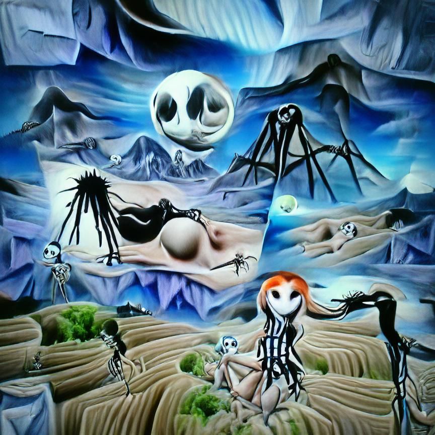 Surreal Dark Mountain Scene with Sally and Jack