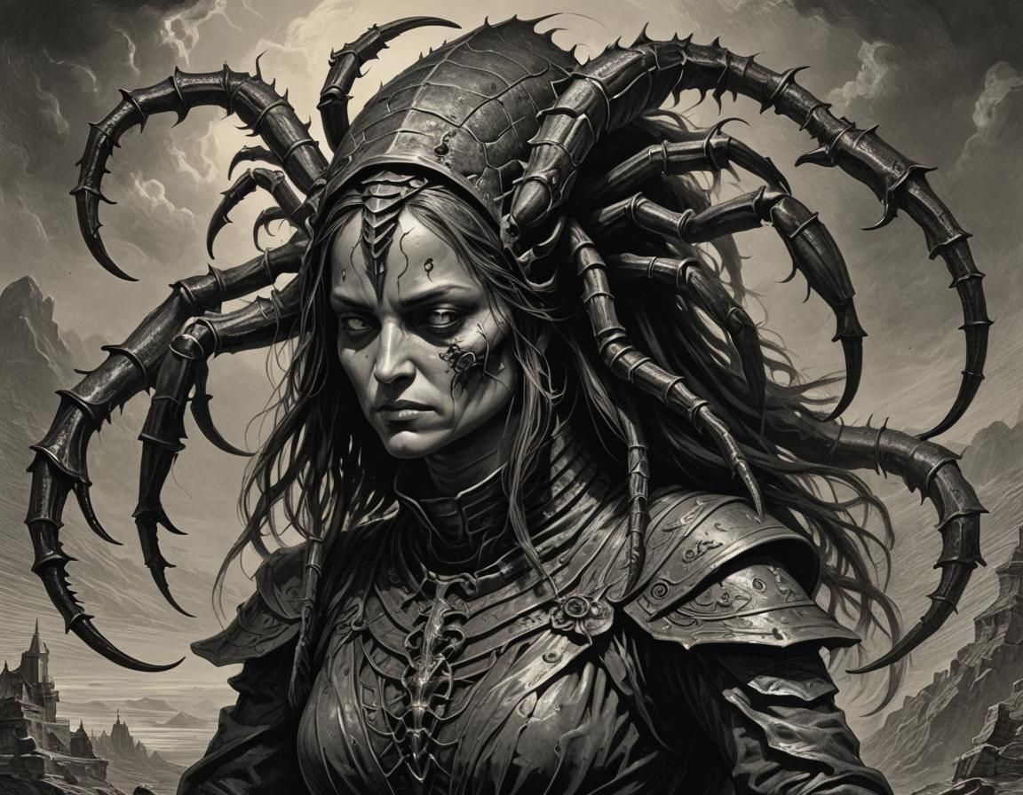 Scorpion-Headed Woman in Dark Engraving Style