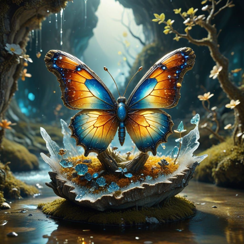 Surreal Scene within a Glowing Crystalline Geode Butterfly i...
