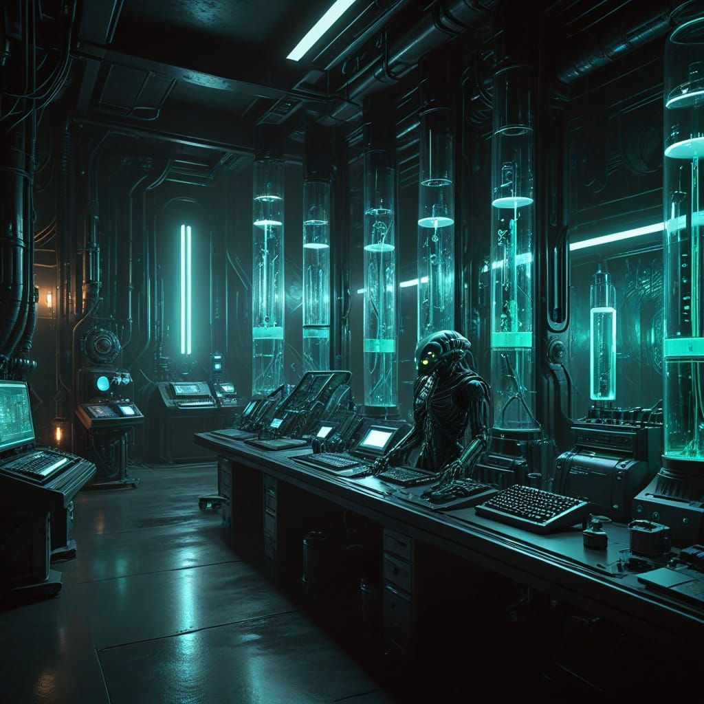 Biomechanical Laboratory in Dark Futuristic Industrial Style