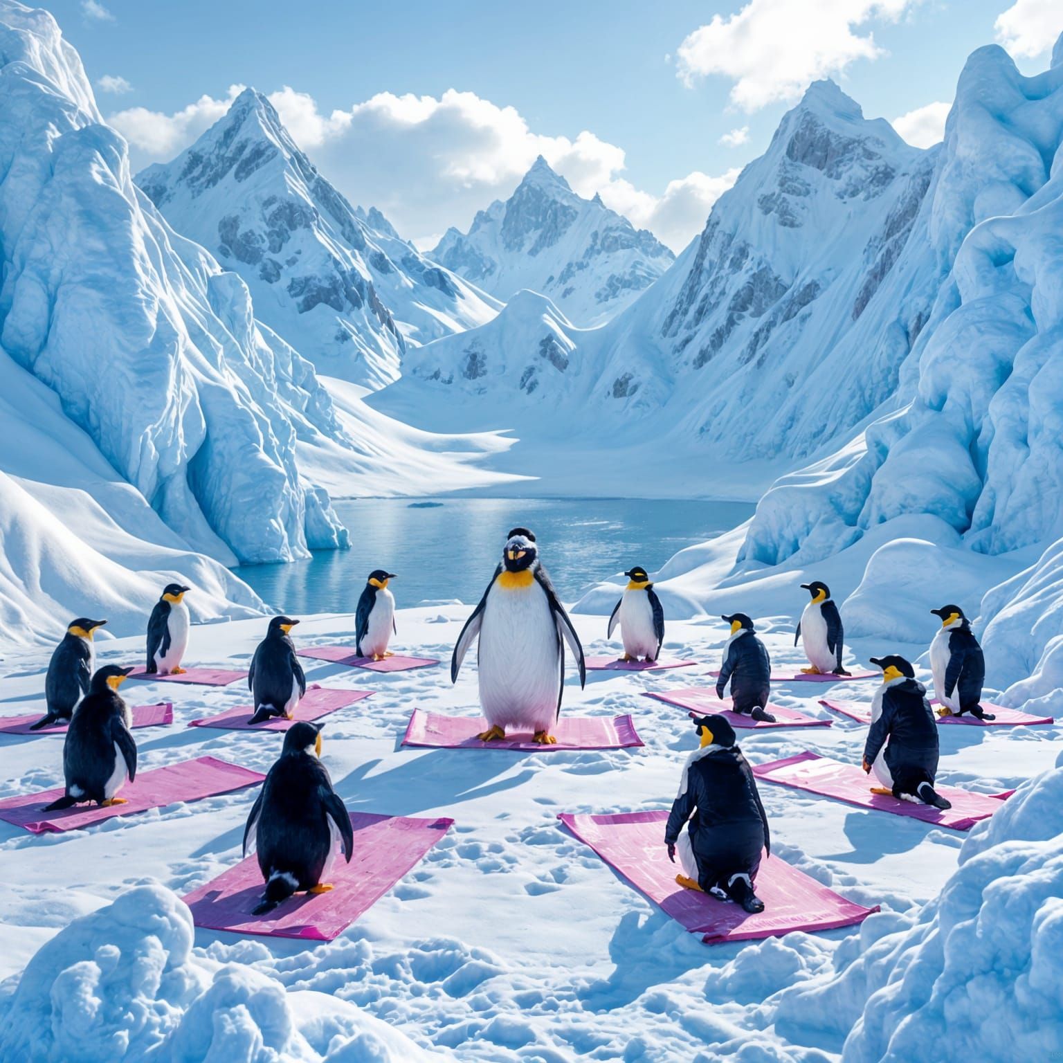 Penguins Doing Yoga in a Snowy Mountain Landscape